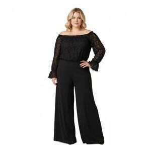 Adrianna Papell Off‑The‑Shoulder Lace Sleeve Formal Wide-leg Jumpsuit Size 24W